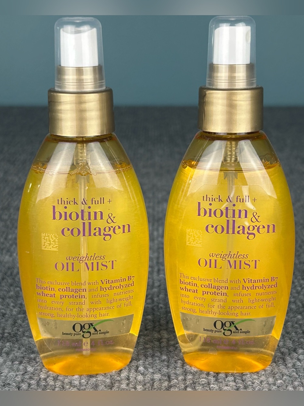 TWO OGX Biotin & Collagen Weightless Oil Spray ~ Thick & Full Hair ~ 4fl oz each